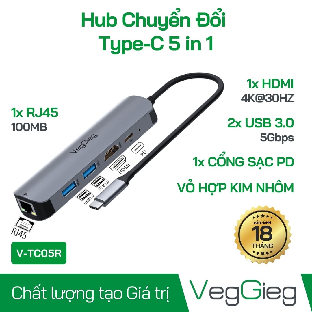 Bộ chuyển đổi VEGGIEG Usb Type C ra HDMI _ 2xUSB 3.0+PD+RJ45 V-TC05R