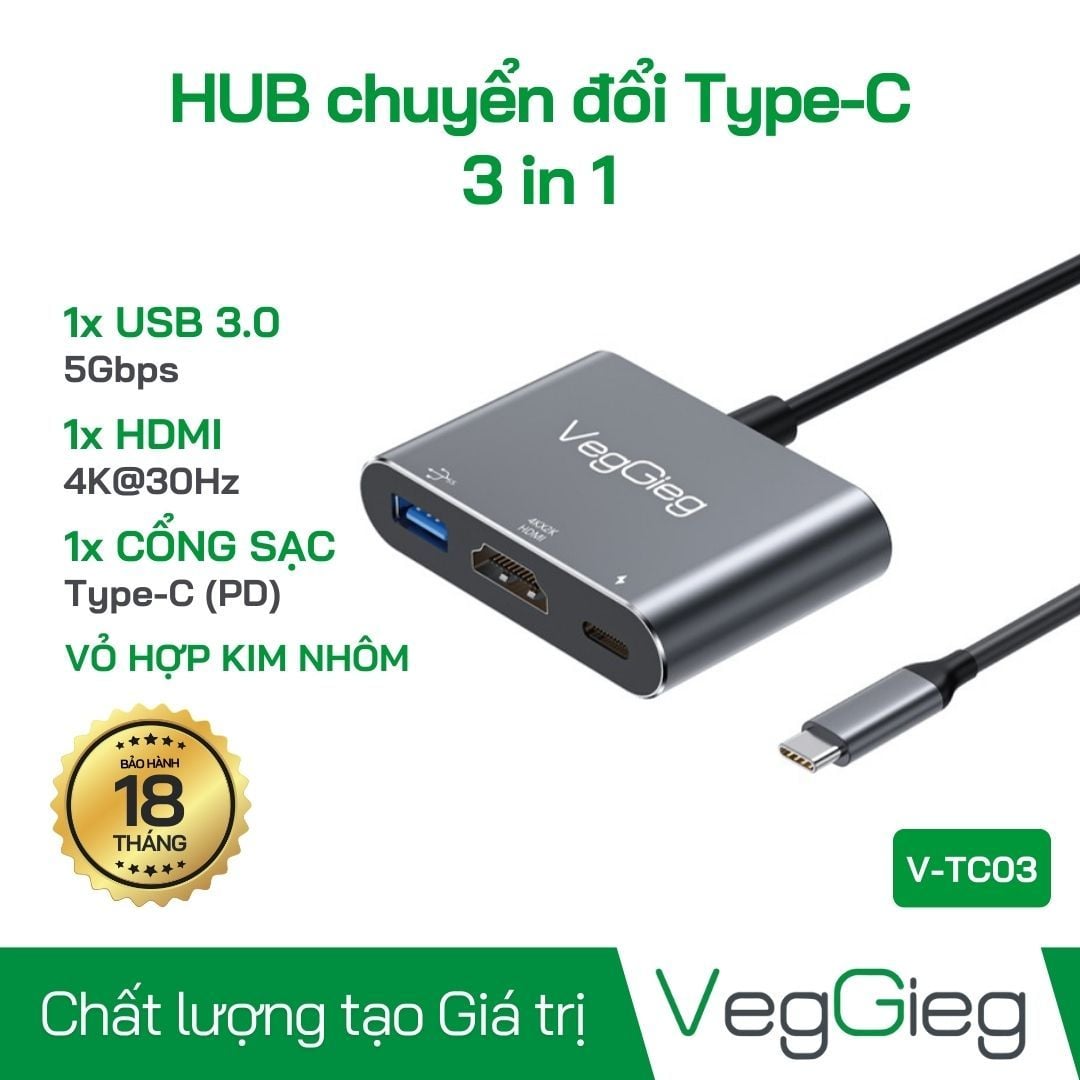 Bộ chuyển đổi VEGGIEG USB Type-C ra HDMI + sạc PD + USB 3.0 V-TC03