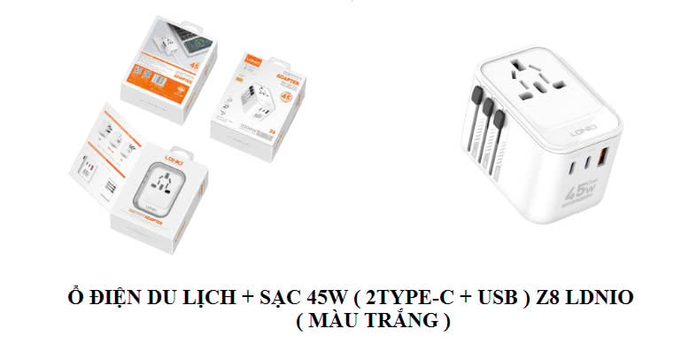 Ổ cắm điện du lịch LDNIO Z8 + Sạc 45w (2 cổng Type-C + USB)