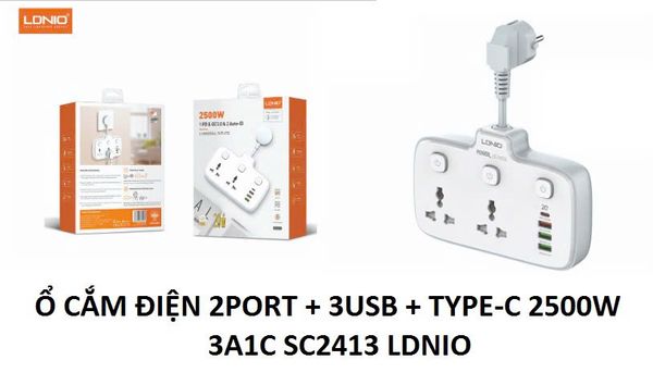 Ổ cắm điện LDNIO 3A1C SC2413 (2port + 3USB + Type-C 2500W)