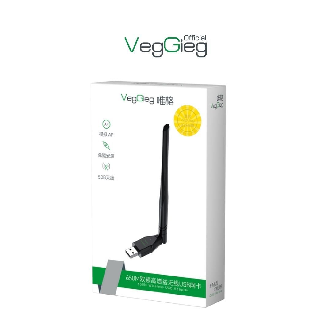 USB thu wifi VEGGIEG V-K650 Băng tần kép 2.4G tốc độ 650Mbps V-K650