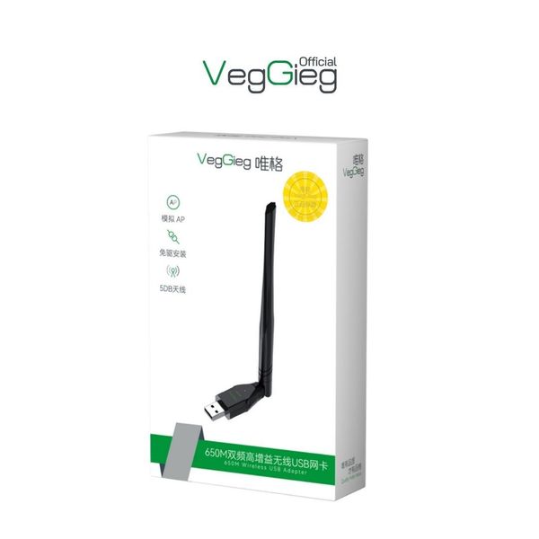 USB thu wifi VEGGIEG V-K650 Băng tần kép 2.4G tốc độ 650Mbps V-K650