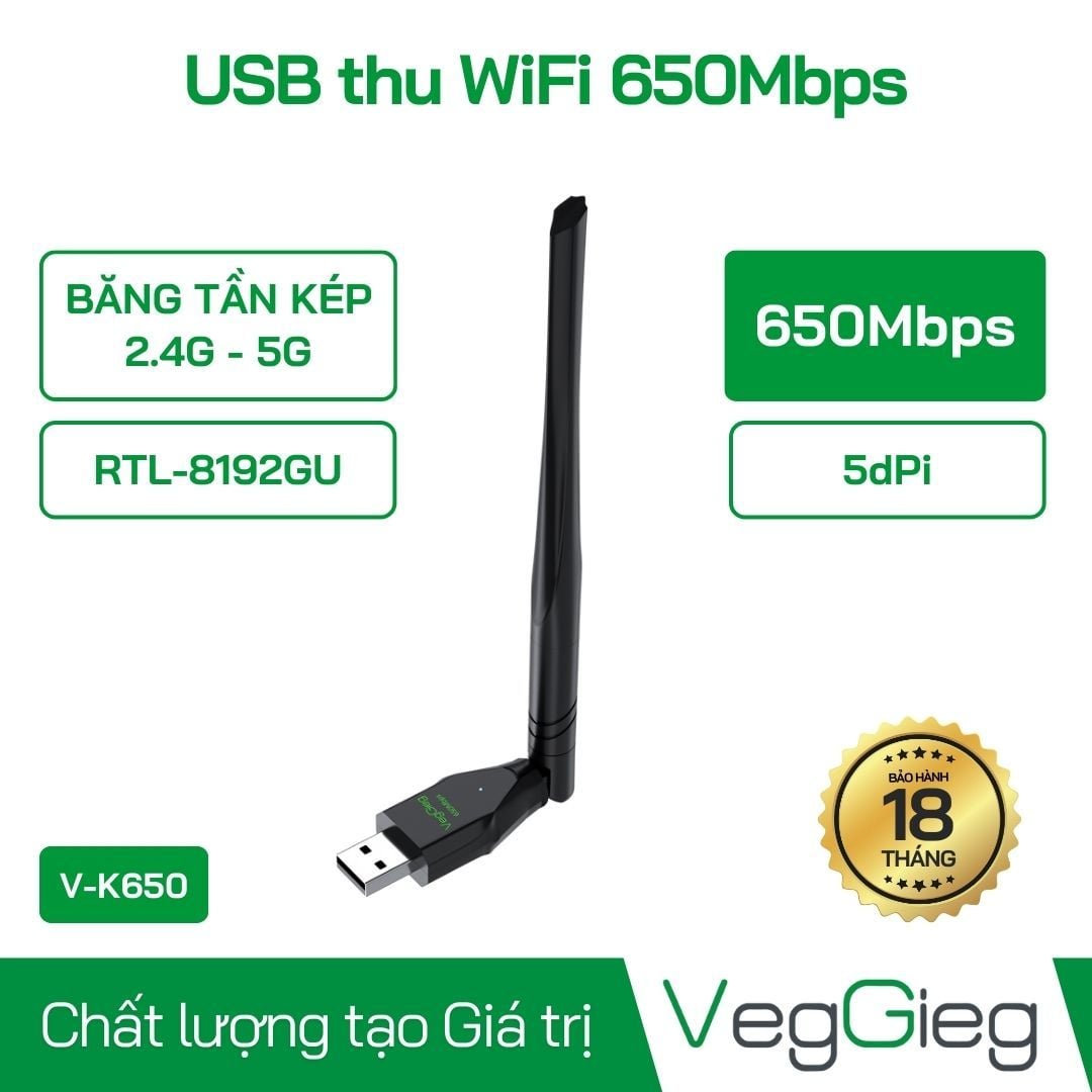 USB thu wifi VEGGIEG V-K650 Băng tần kép 2.4G tốc độ 650Mbps V-K650
