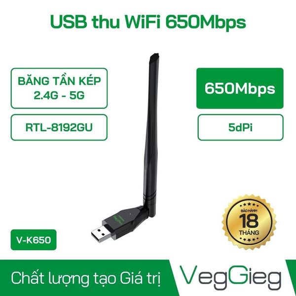 USB thu wifi VEGGIEG V-K650 Băng tần kép 2.4G tốc độ 650Mbps V-K650