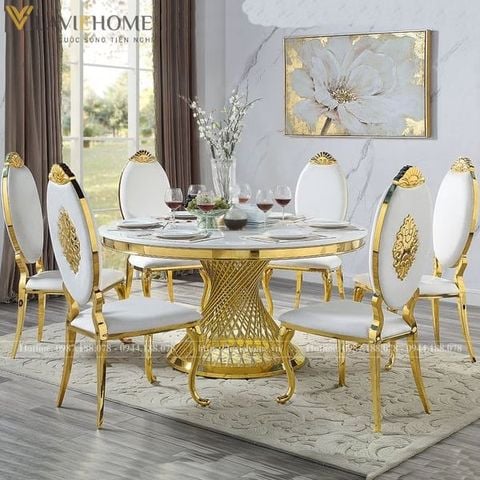 Bộ bàn tròn 8 ghế tân cổ điển mặt đá cao cấp