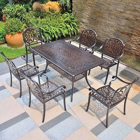 Bàn nhôm đúc chữ nhật sân vườn, phong cách cổ điển, độ bền cao