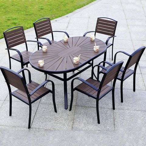  Bàn Oval Nâu Ngoài Trời Khung Nhôm Nan Polywood HPD6 