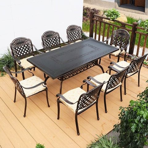 Bộ bàn 8 ghế nhôm đúc ngoài trời, kiểu dáng cổ điển, tinh tế