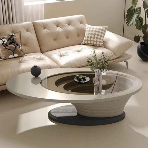 Bàn trà mặt kính hình oval, thiết kế sang trọng, hiện đại