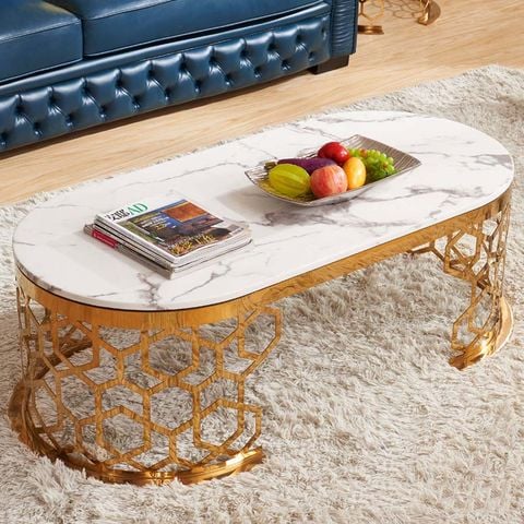 Bàn trà oval mặt đá chân tổ ong hiện đại