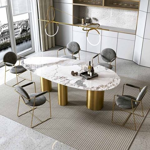 Bàn ăn mặt đá hình oval sang trọng, hiện đại