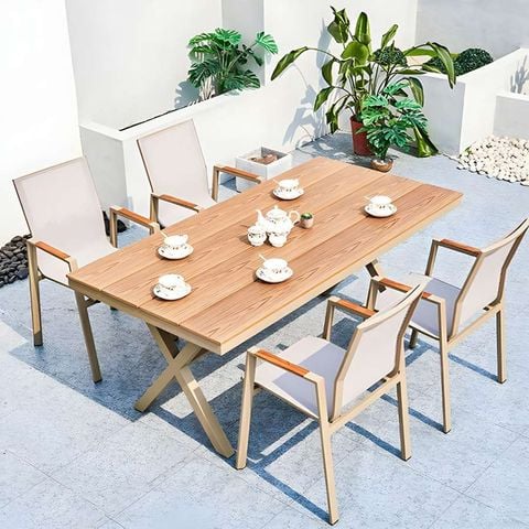 Bộ bàn 4 ghế  bàn Polywood, ghế Textilene ngoài trời, thiết kế sang trọng
