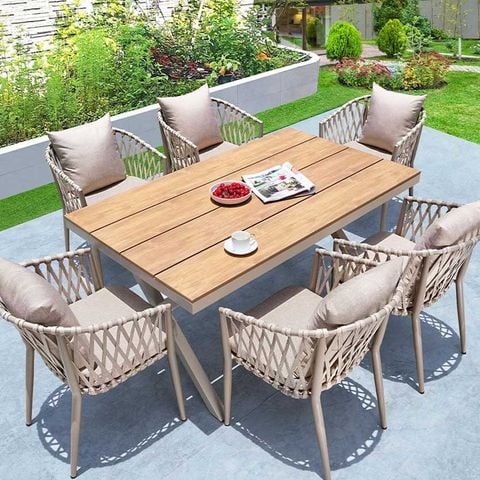 Bộ bàn 6 ghế Polywood sang trọng ngoài trời, phong cách châu Âu