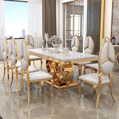 Bàn ăn mặt đá tân cổ điển mạ vàng cao cấp