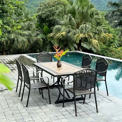 Bộ bàn ghế ngoài trời BN18M GN05 năng dùng, nhôm đúc sơn tĩnh điện, mặt đá, kích thước 1880x1000x750mm, thiết kế hiện đại và sang trọng