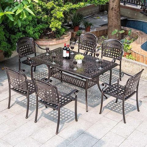 Bộ bàn 6 ghế nhôm đúc ngoài trời, thiết kế sang trọng, bền bỉ