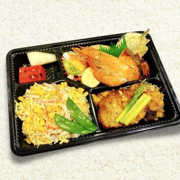  ちらし寿司とエビ養老煮 ガーリックステーキ・キス天ぷら 