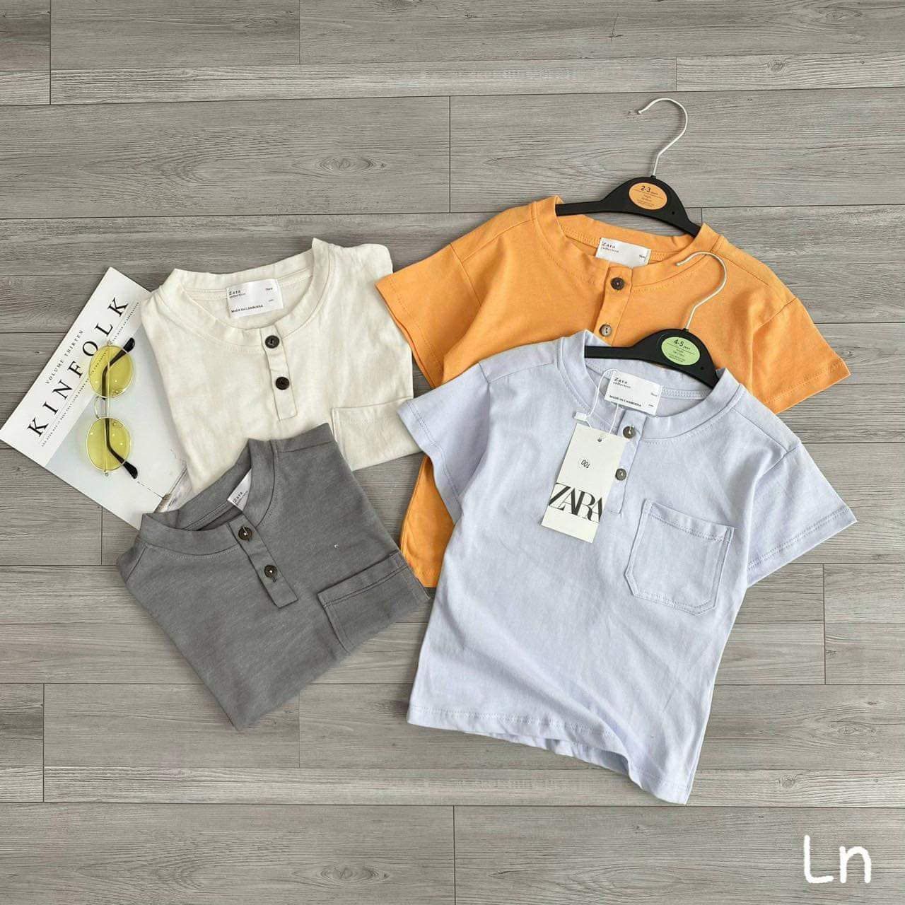  Set 4 áo cotton Zara bé trai cổ trụ túi ngực 