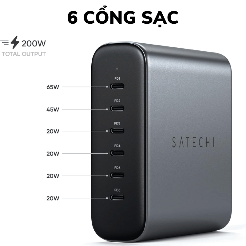 Dock Sạc Satechi 200W GaN 6 cổng USB-C ST-C200GM-EU