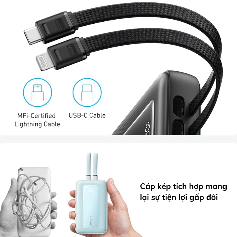 Pin/ Sạc Dự Phòng Anker Zolo 30W 1A1C 10000mAh (Built-In USB-C and Lightning) A1680