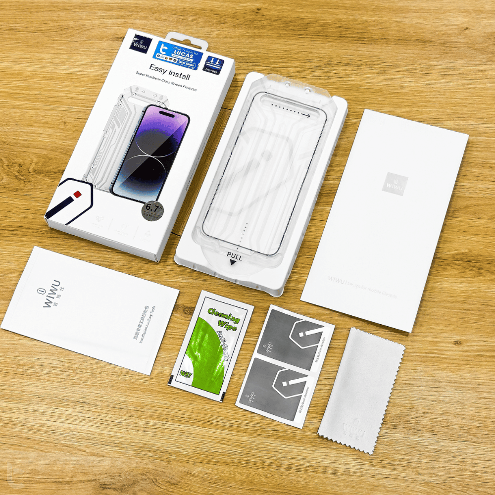Kính Cường Lực iPhone 15 Series WIWU Easy Install Có Khung Tự Dán, Lấy Bụi, Lưới Bảo Vệ Màng Loa