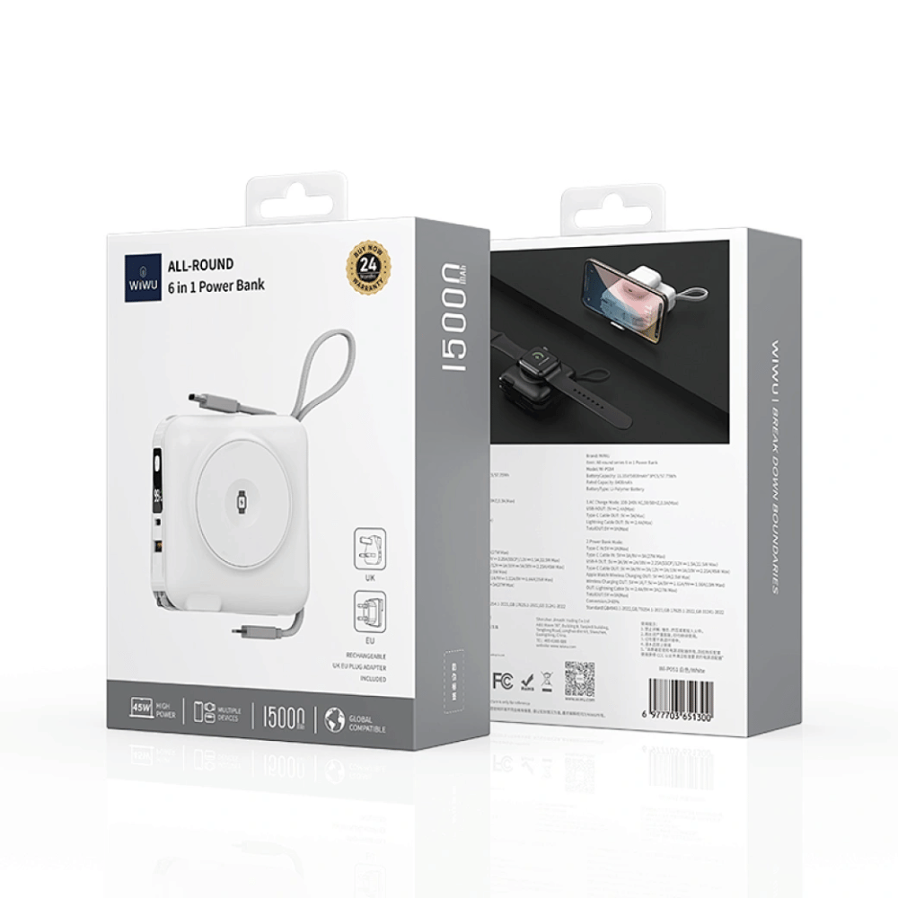 Củ kiêm Pin Dự Phòng WIWU All-Round 6in1 (Tích hợp Cáp USB-C, Chấu AC) 15.000mAh 45W Wi-P051