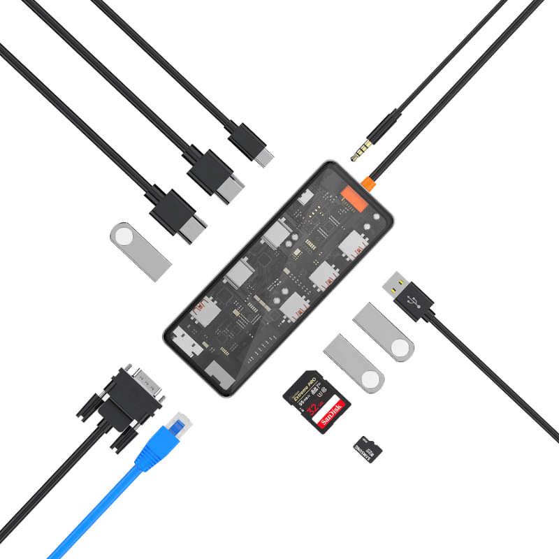 Hub USB-C 12in1 Trong Suốt WIWU Cyber USB 3.0 SD/TF HDMI PD RJ45 CB012