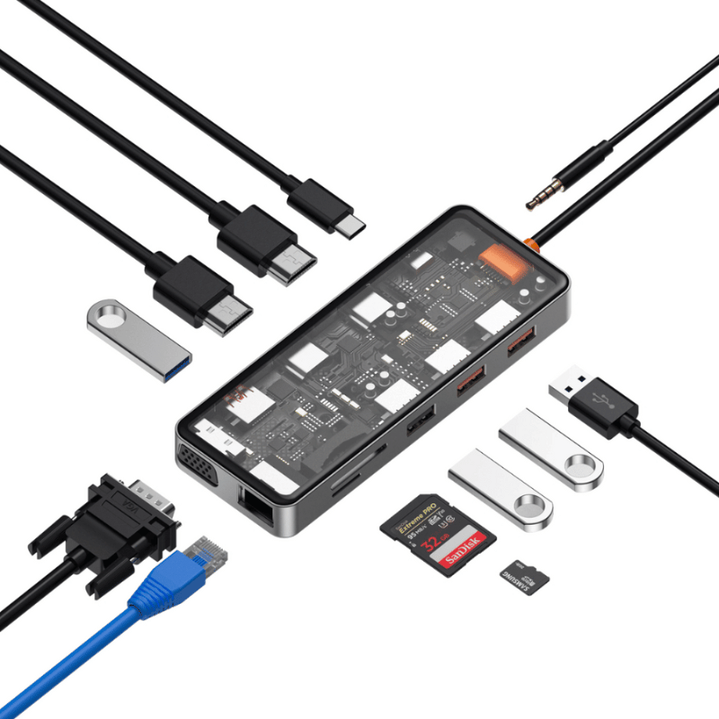Hub USB-C 12in1 Trong Suốt WIWU Cyber USB 3.0 SD/TF HDMI PD RJ45 CB012