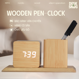 Đồng hồ gỗ LED để bàn hình vuông | Ống đựng bút gỗ tích hợp đèn LED báo thức, hẹn giờ, hiển thị thời gian