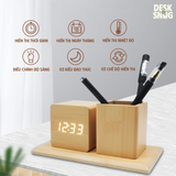 Đồng hồ gỗ LED để bàn hình vuông | Ống đựng bút gỗ tích hợp đèn LED báo thức, hẹn giờ, hiển thị thời gian