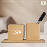 Đồng hồ gỗ LED để bàn hình vuông | Ống đựng bút gỗ tích hợp đèn LED báo thức, hẹn giờ, hiển thị thời gian