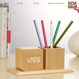 Đồng hồ gỗ LED để bàn hình vuông | Ống đựng bút gỗ tích hợp đèn LED báo thức, hẹn giờ, hiển thị thời gian