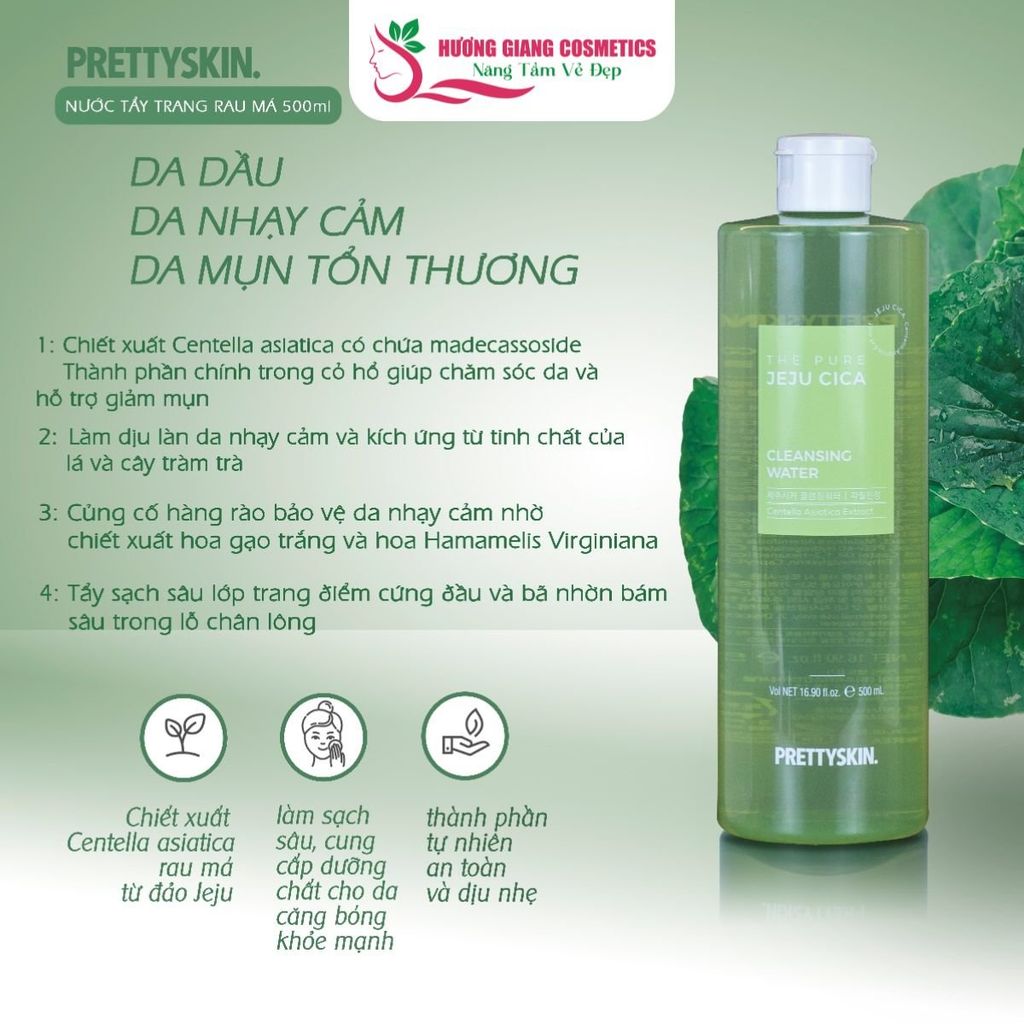 Nước Tẩy Trang Rau Má Jeju Cica Pretty Skin 500ml-Xanh Lá