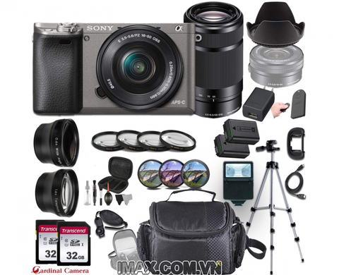 Combo 5 Máy ảnh Sony Alpha A6000 + lens 16-50mm + lens 55-210 mm + đèn flash + chân máy + pin + Filter + bộ phụ kiện.