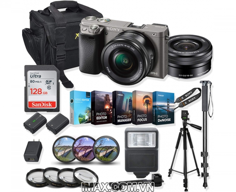 Combo 4 Máy ảnh Sony Alpha A6000 + lens 16-50mm + 1 thẻ nhớ 128gb + đèn flash + chân máy + 1 pin + Filter + bộ phụ kiện.