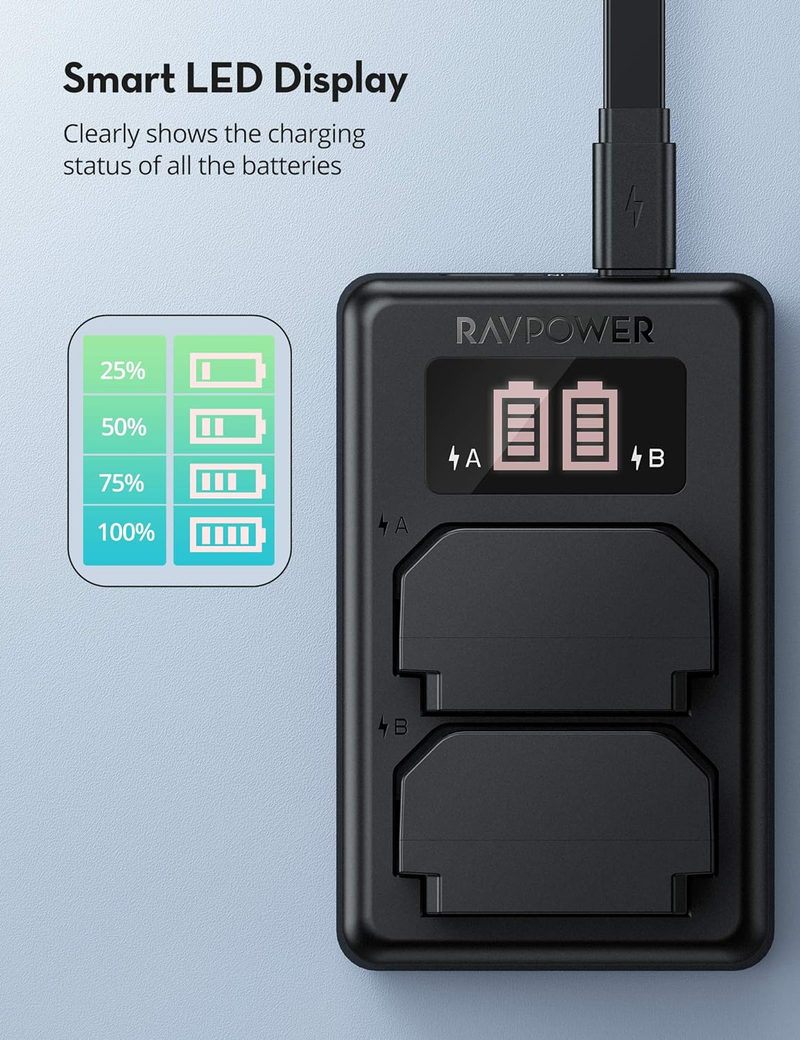 Mua NP-FZ100 RAVPower Camera Battery Charger Set, 2-Pack 2040mAh Replacement Battery Kit, USB Dual Slot Battery Charger with Type C & Micro USB Ports for Sony A7III/A7R III/A9/A7R IV/A6600 [Upgraded] trên Amazon