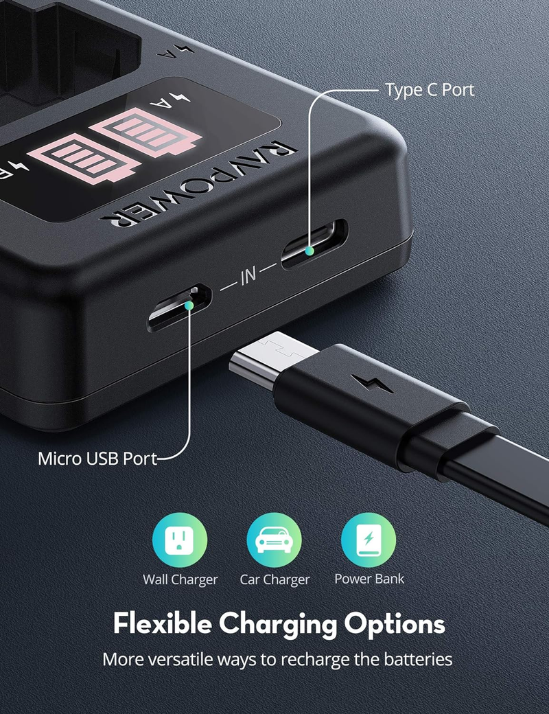 Mua NP-FZ100 RAVPower Camera Battery Charger Set, 2-Pack 2040mAh Replacement Battery Kit, USB Dual Slot Battery Charger with Type C & Micro USB Ports for Sony A7III/A7R III/A9/A7R IV/A6600 [Upgraded] trên Amazon