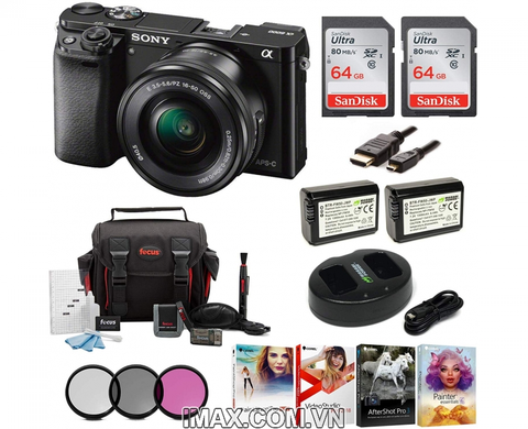 Combo 1 Máy ảnh Sony Alpha a6000 + lens 16-50 mm + 2 thẻ nhớ 64gb + 2 pin 1 sạc đôi + bộ phụ kiện.