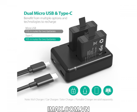 Bộ 2 pin 1 sạc đôi RavPower for Gopro 5,6,Hero