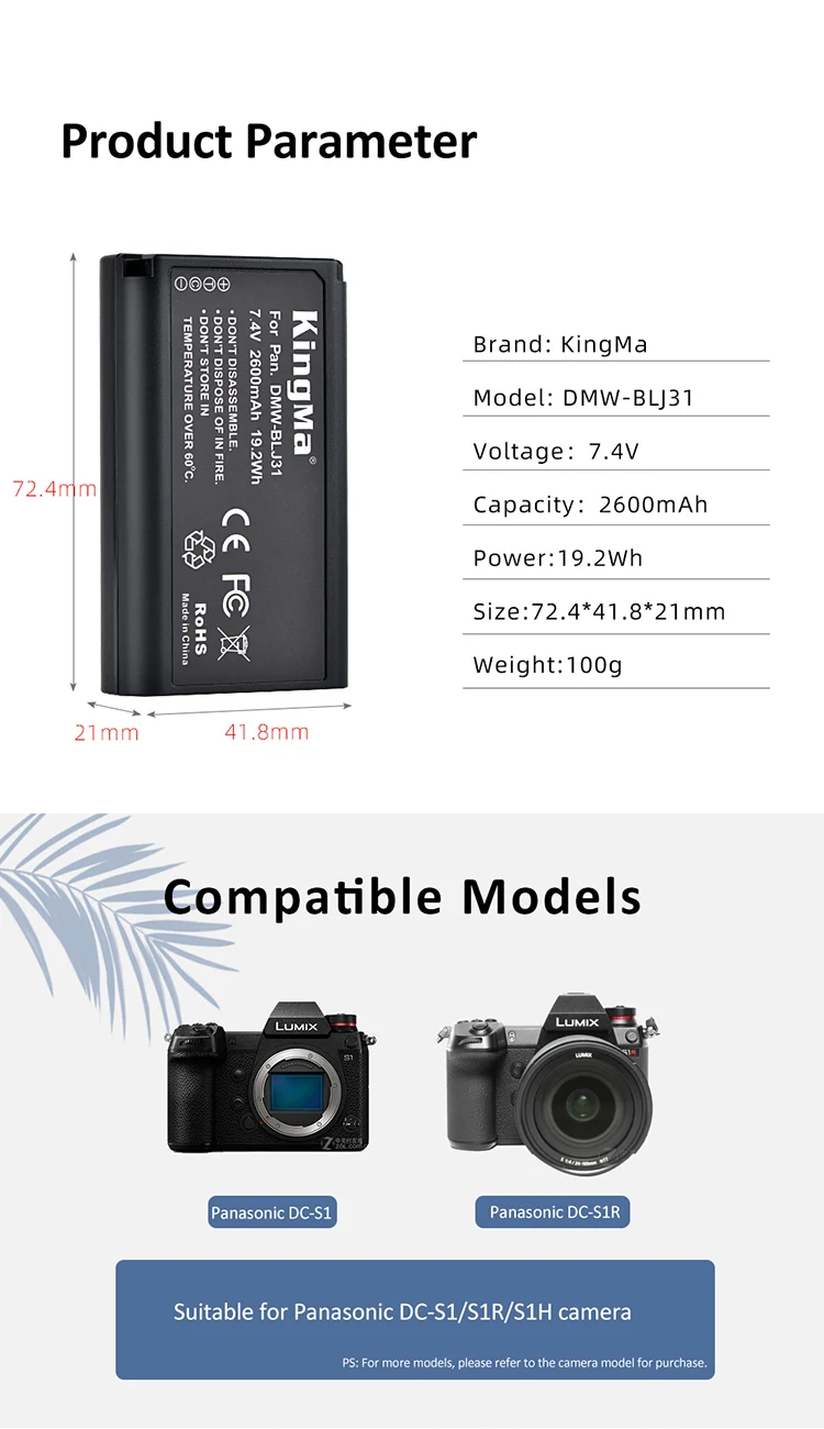 Pin KingMa DMW-BLJ31 Pin Li-ion thay thế cho Máy ảnh Panasonic DC-S1 / SIR / S1H