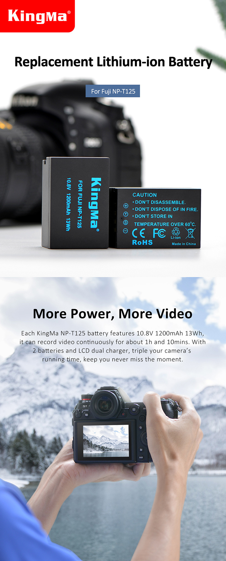 KingMa NP-T125 Battery Replacement Li-ion Battery for Fuji GFX50S GFX50R Camera