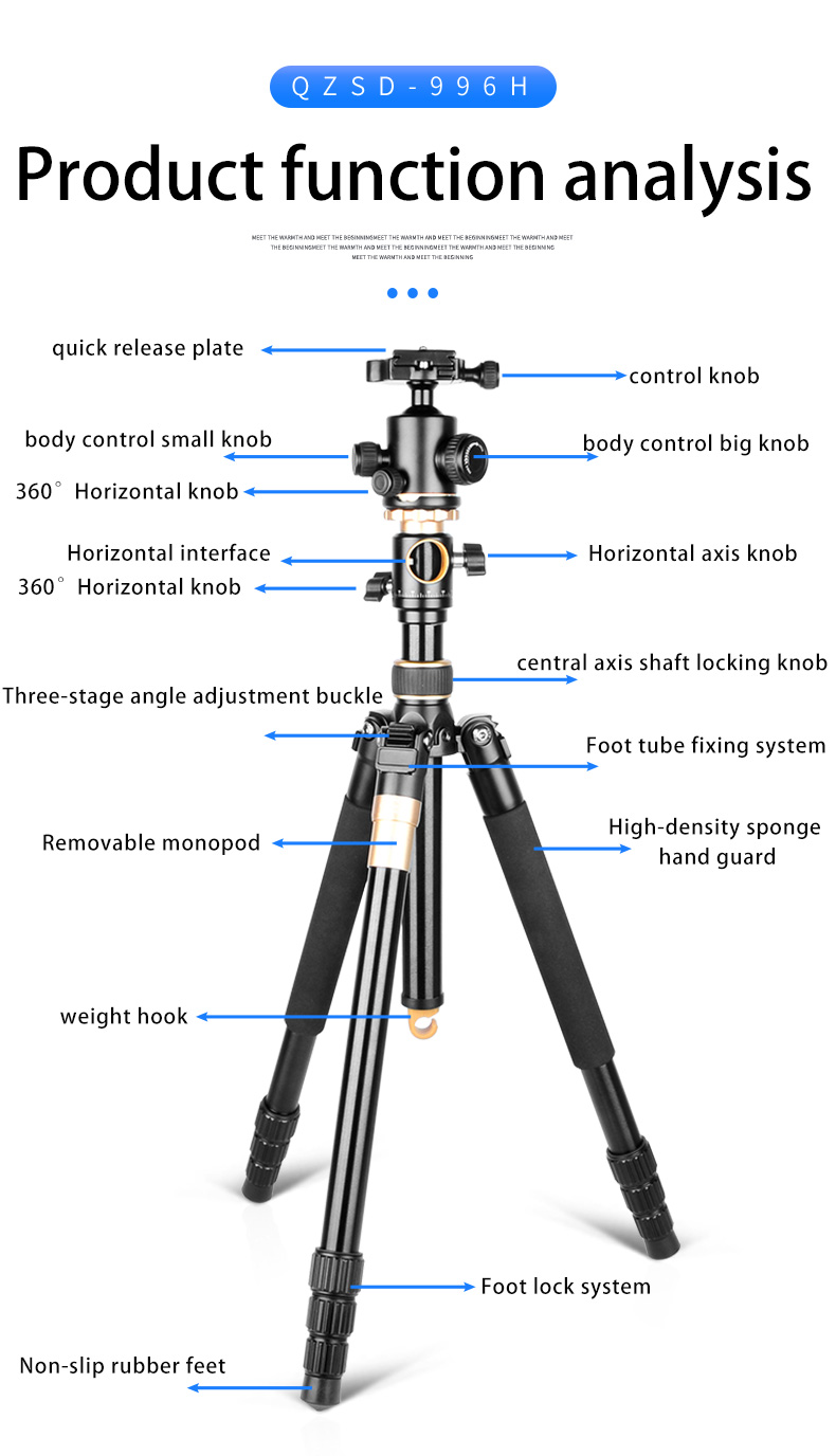 90-degree landscape professional aluminum 2-in-1 tripod monopod with two central axis, suitable for digital video SLR cameras