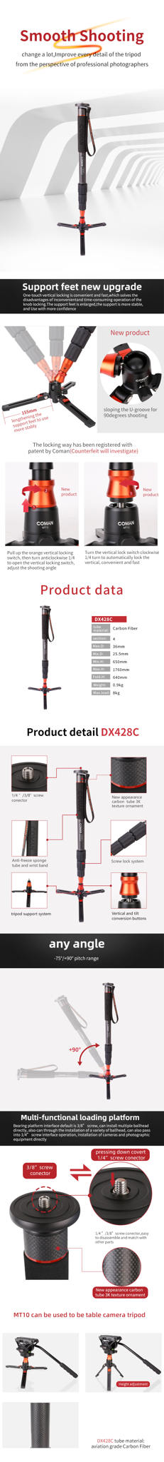 Coman Support Multi functional mini monopod without Ball head porp DX428C