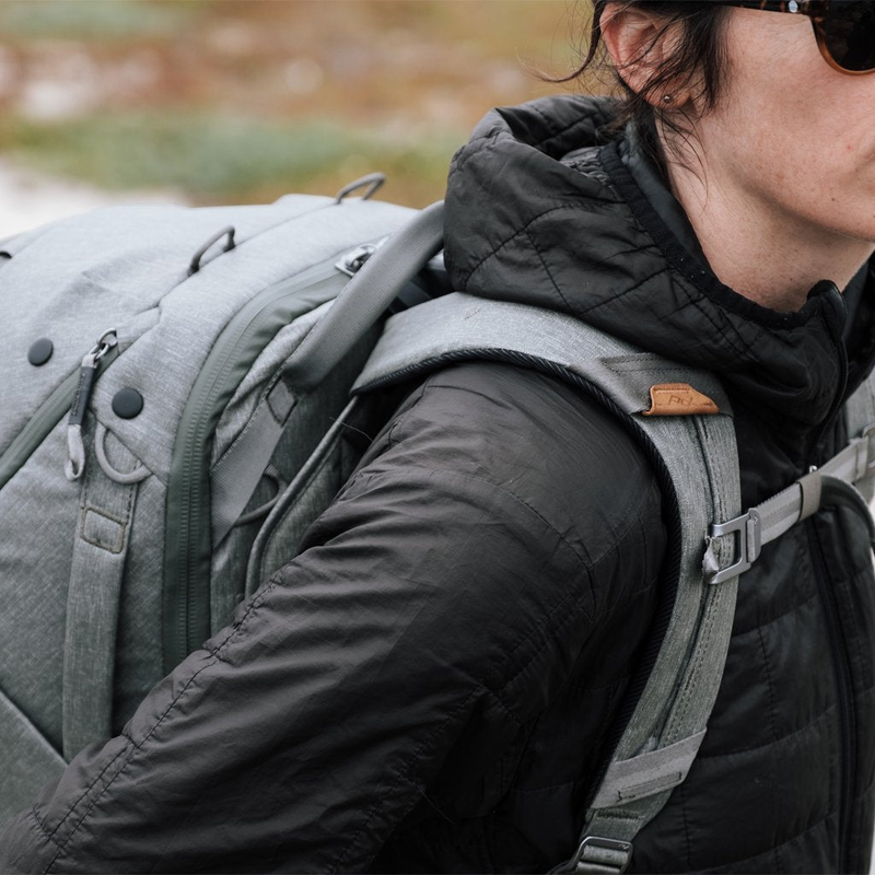 Wearing the 45L backpack with the sternum strap to lock in the shoulder straps