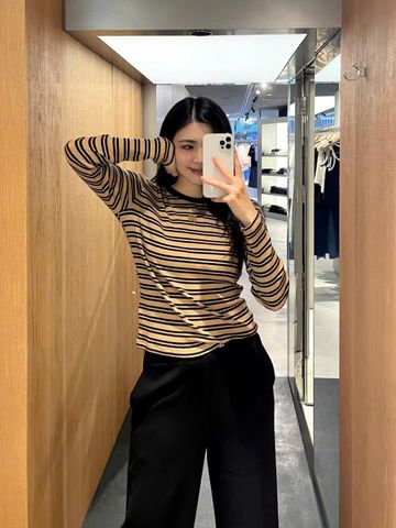  Áo dài tay kẻ vàng đen 