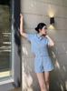  Bộ áo tweed ngắn tay croptop và Quần short dạ tweed xanh set 