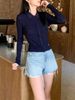  Áo Polo navy dài tay- hoa nhí 