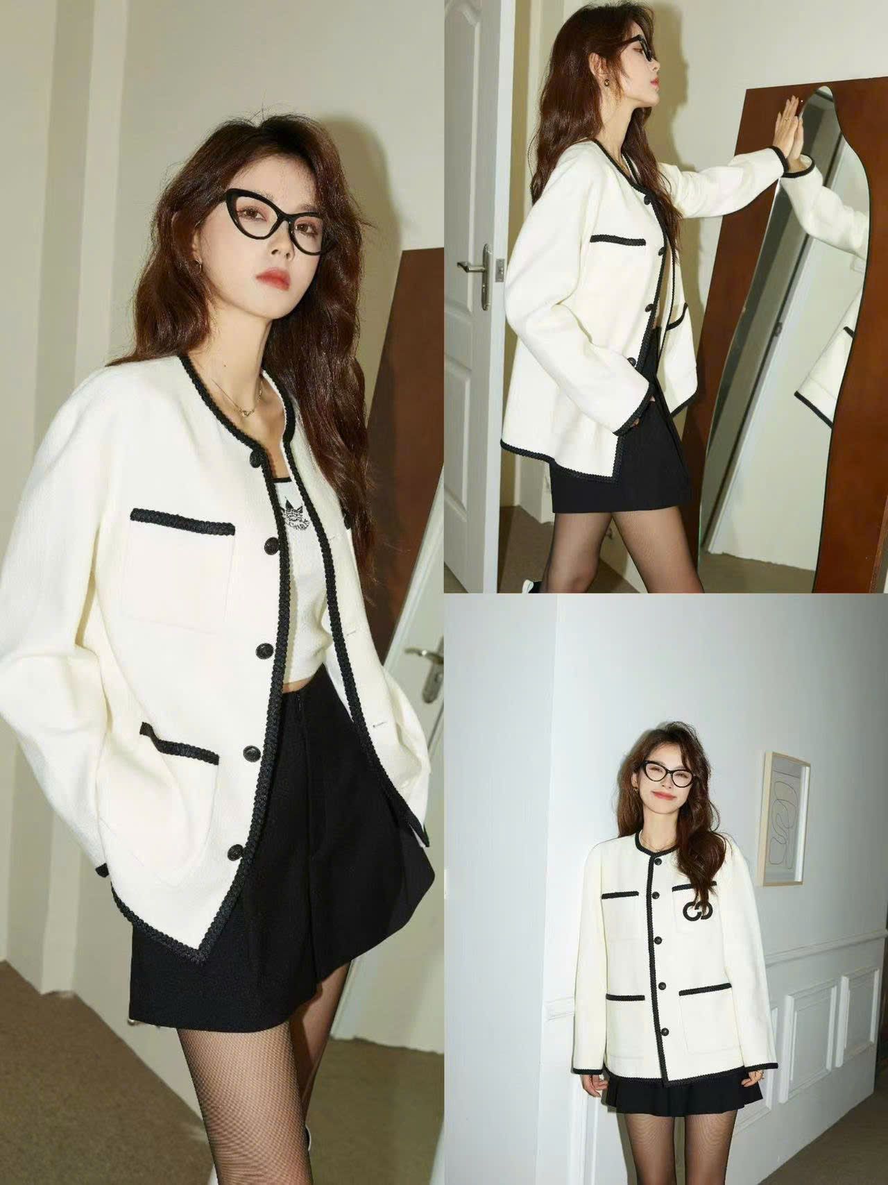  Áo dạ tweed trắng ,viền đen 