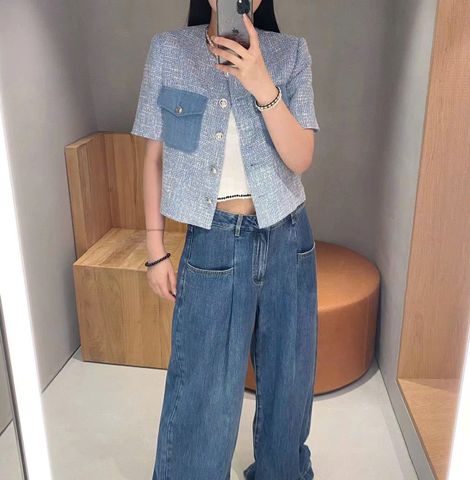  Áo denim ngắn tay, 2 túi ngực 