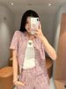  Áo tweed hồng ngắn tay - cổ V 